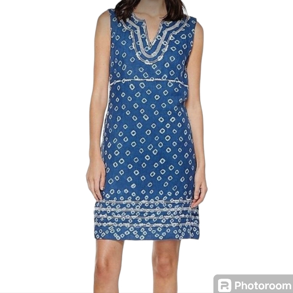 Tommy Bahama Shibori Nights Embridered linen dress indigo small‎ blue